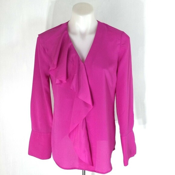 BANANA REPUBLIC Long Sleeve Cascade Ruffle Top Womens Bright Pink Size Small - Picture 10 of 12